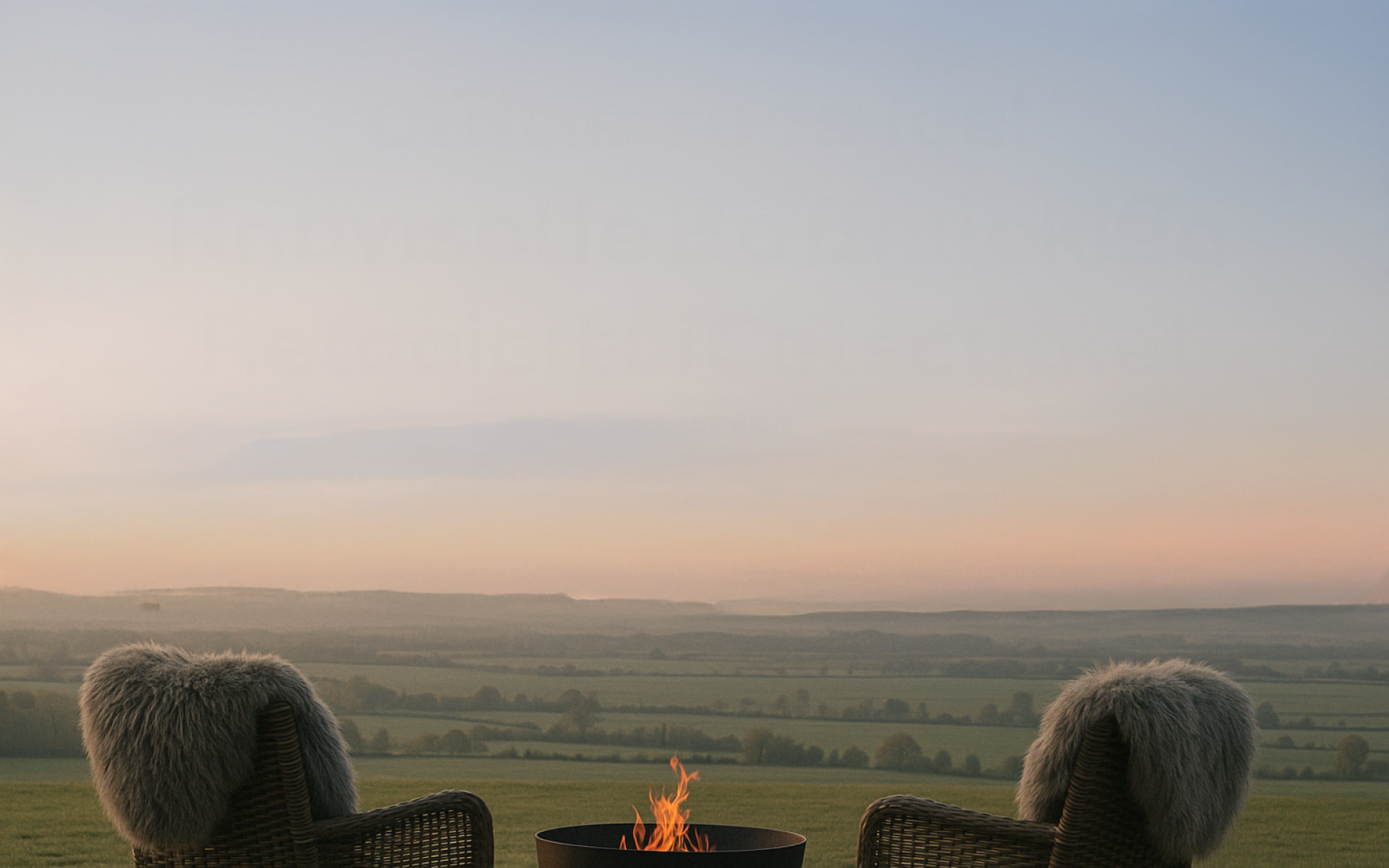 Scenic countryside view with chairs and fire pit
